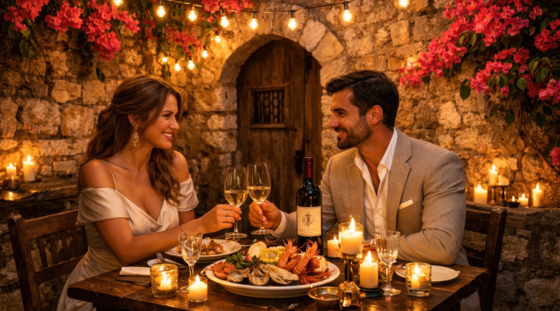 Mesa de jantar íntima à luz de velas num pátio histórico e tranquilo em Faro, cercada por paredes de pedra caiadas.