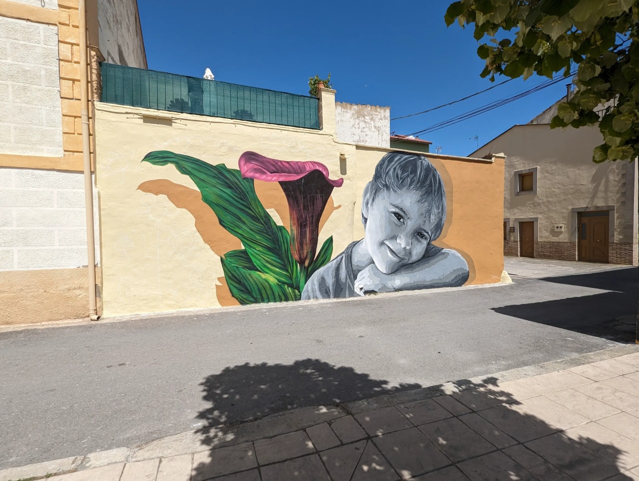 Mural de un niño con una flor, en una pared de un edificio.