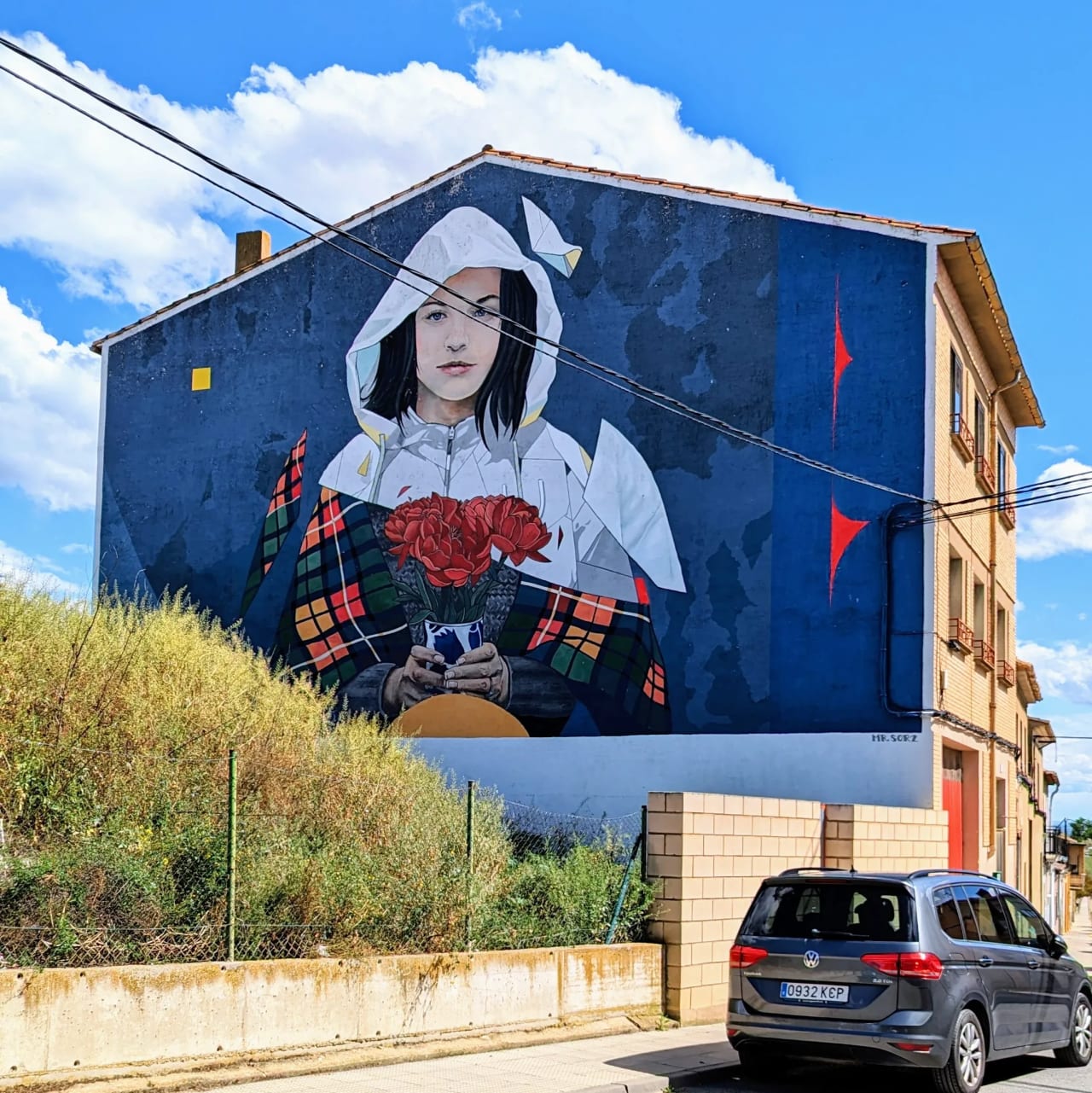 Mural de una joven con capucha blanca sosteniendo flores rojas en una pared azul.