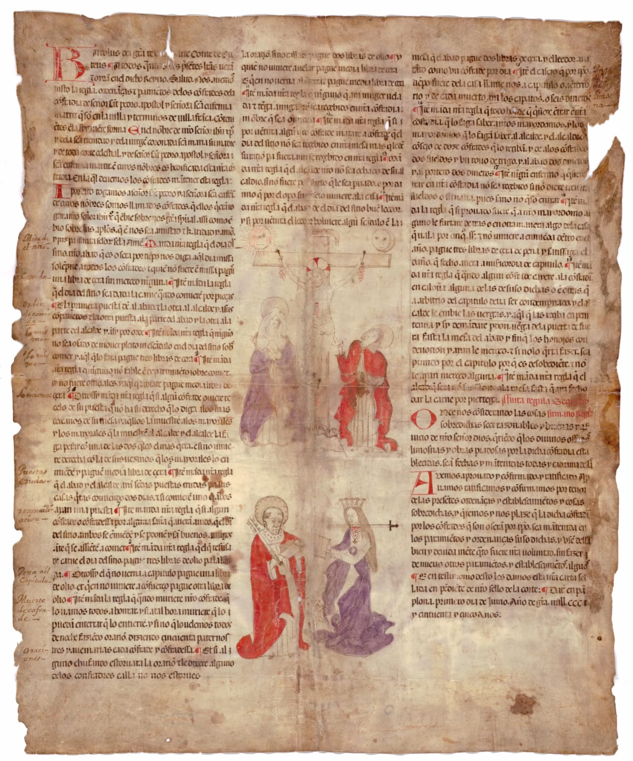 Página de manuscrito medieval con texto latino e ilustraciones de Cristo y figuras religiosas.