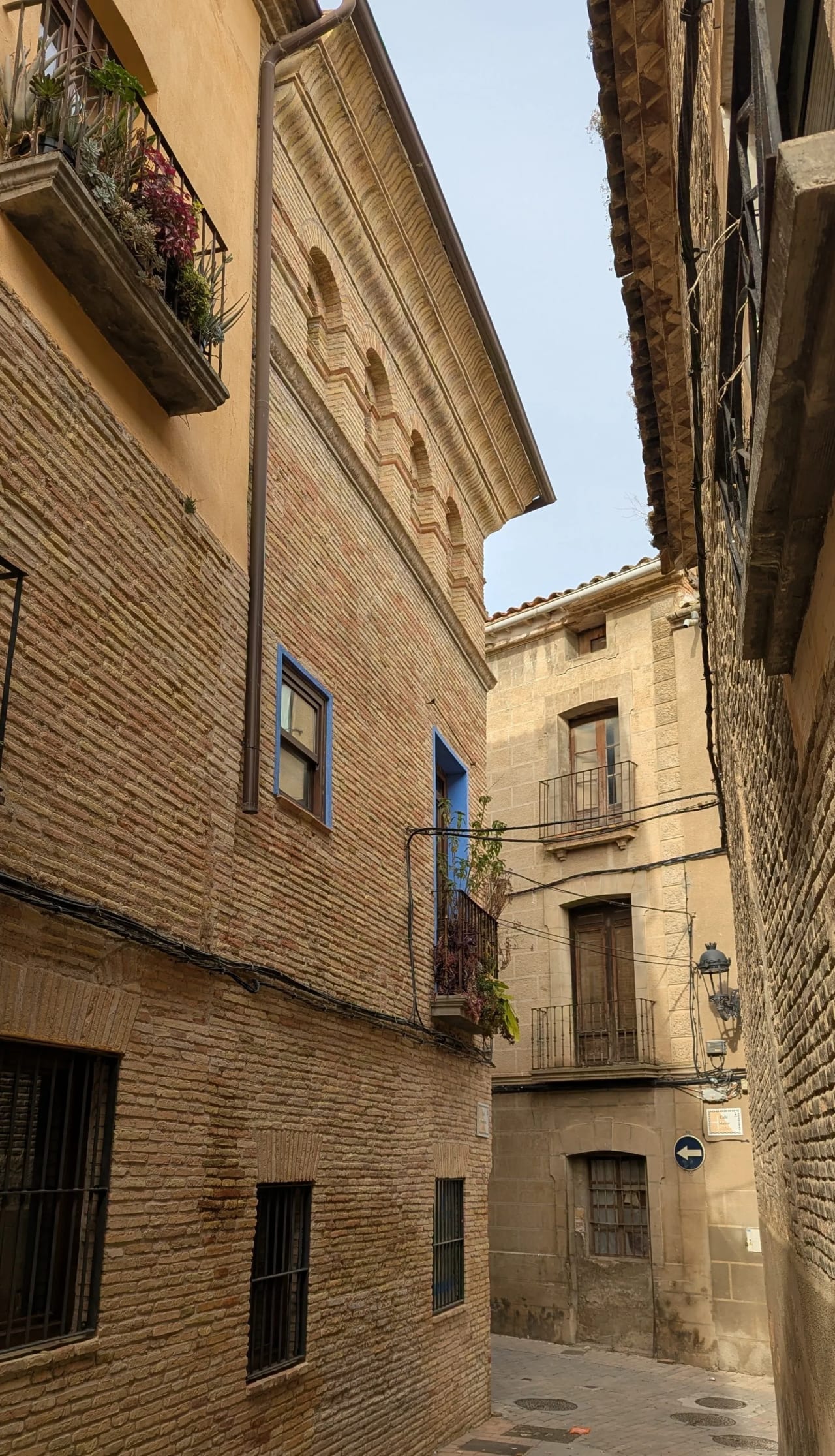 Callejuela con edificios antiguos de piedra y ladrillo, con balcones con plantas.