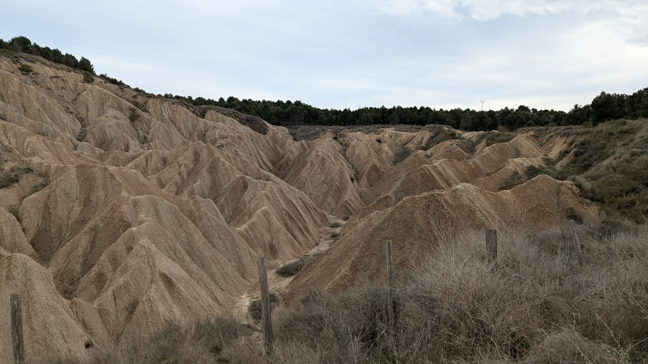 Badlands con colinas de tierra seca y vegetación dispersa bajo un cielo nublado.