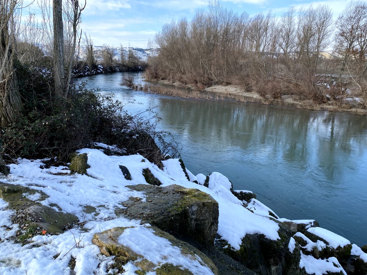 Río sereno rodeado de árboles sin hojas y rocas cubiertas de nieve.