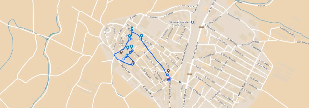 Mapa de Villafranca de Navarra con ruta señalizada en azul.