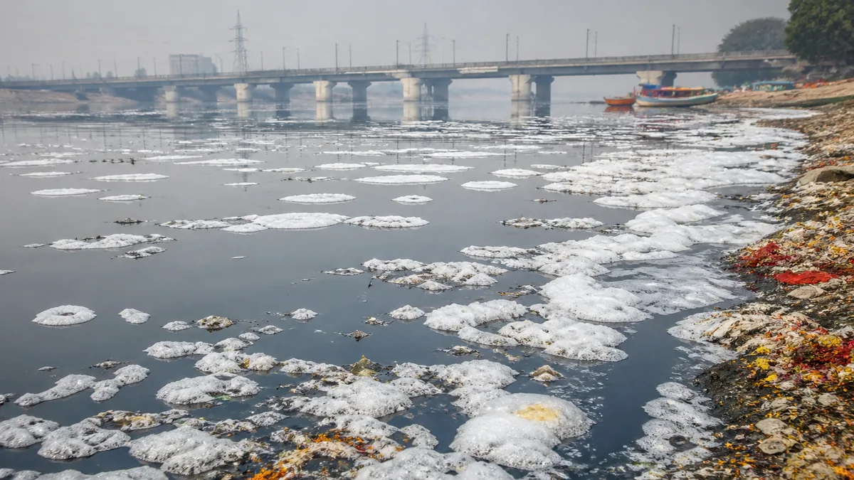 Toxic foam and polluted water seen floating on Yamuna River in Delhi with visible contamination and low water quality
