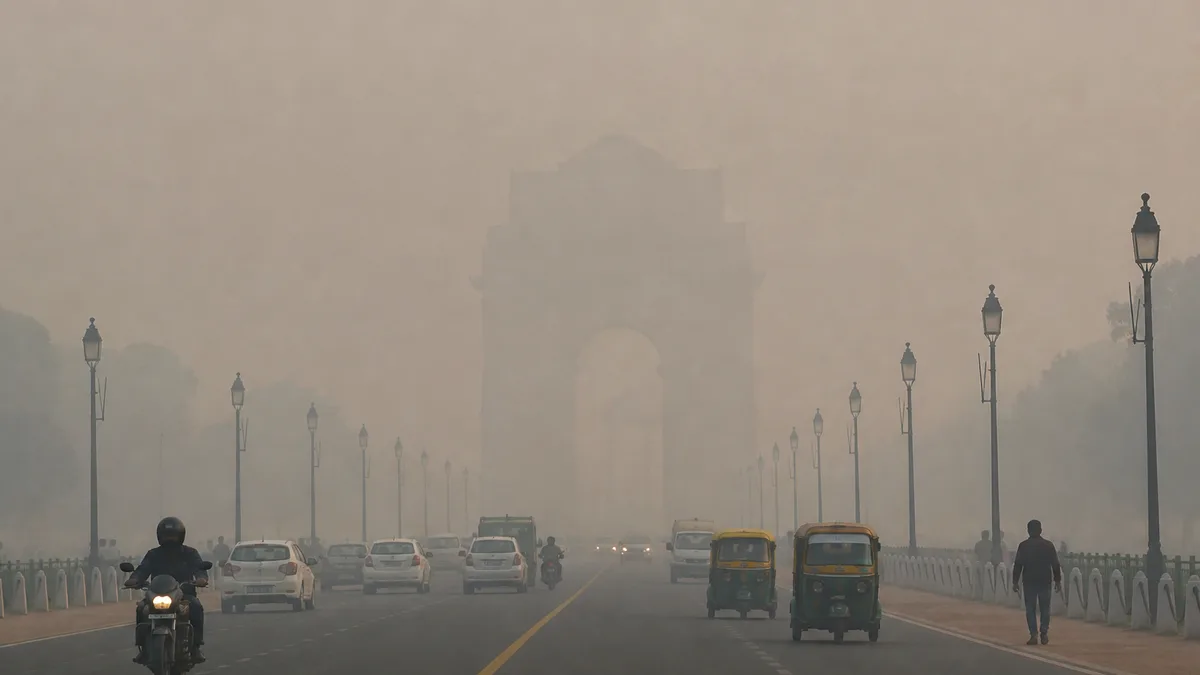 Air pollution smog covering Delhi skyline with low visibility and hazardous AQI levels