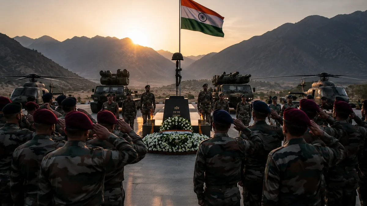 Indian Army soldiers standing near military vehicles during Operation Sindoor anniversary event with national security atmosphere