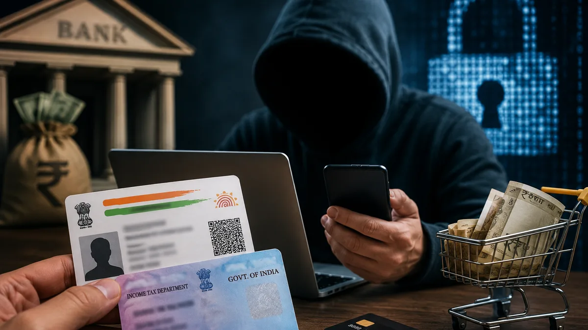 Cyber fraud scam in India with Aadhaar card, PAN card, hacker, and fake loan warning illustration