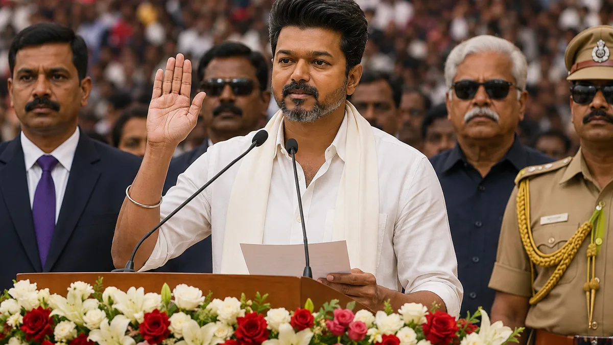 Thalapathy Vijay taking oath as Tamil Nadu Chief Minister with supporters and political leaders in Chennai
