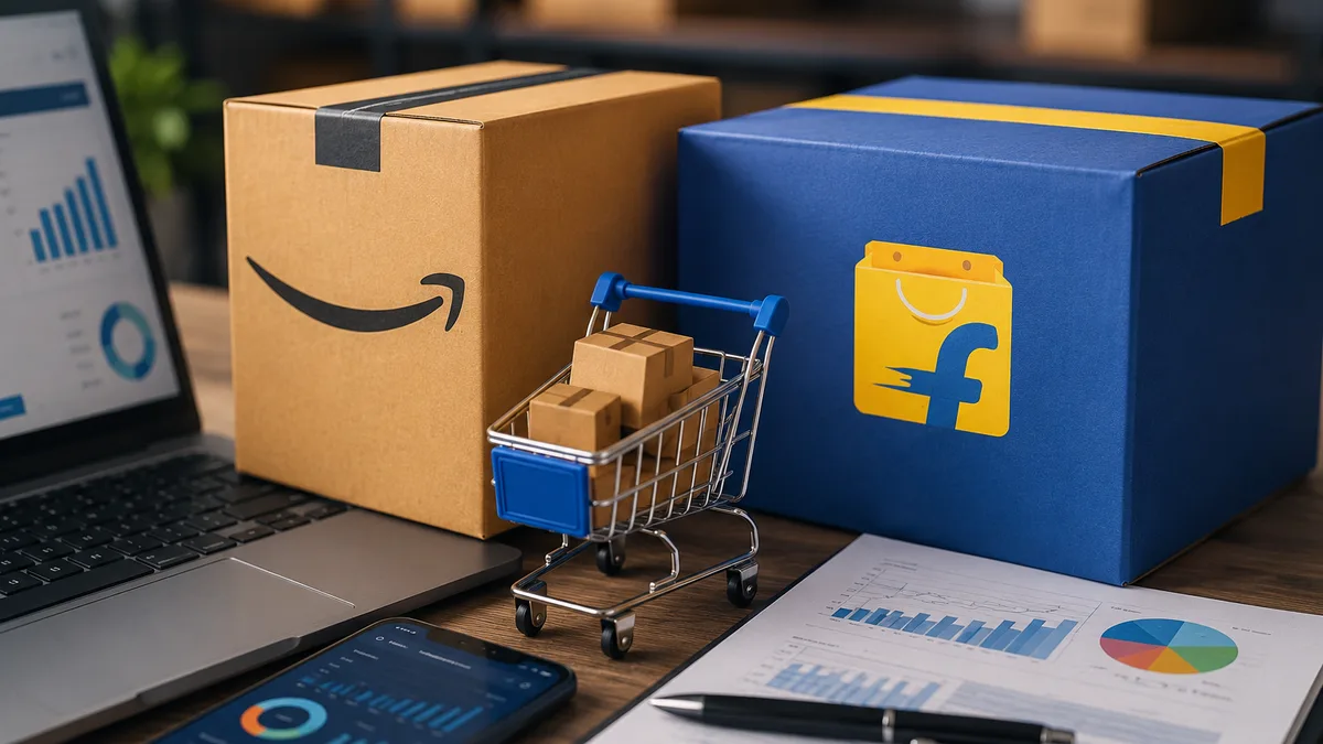 Amazon and Flipkart online seller dashboard with e-commerce packages and business analytics illustration