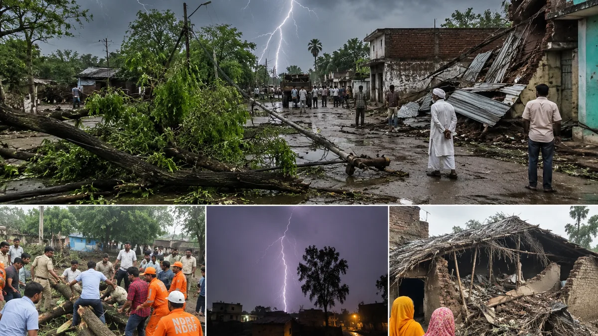 Severe storm and lightning disaster in Uttar Pradesh causing destruction, damaged homes, fallen trees, and emergency rescue operations in affected districts
