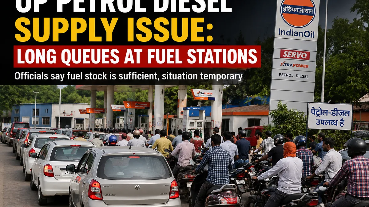 People standing in long queues with cars and bikes outside a petrol pump in Uttar Pradesh amid fuel supply concerns.