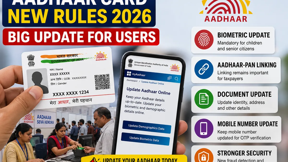 People standing at an Aadhaar enrollment and update center for biometric verification and document update process in India.