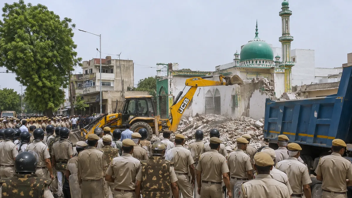 Heavy security deployment during the demolition of Noorani Mosque in Jaipur amid a road-widening project by the Jaipur Development Authority.