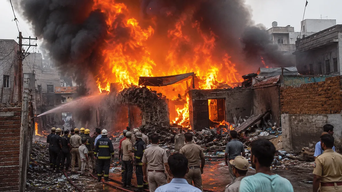 Firefighters and emergency teams at Jaipur firecracker factory fire site after major explosion