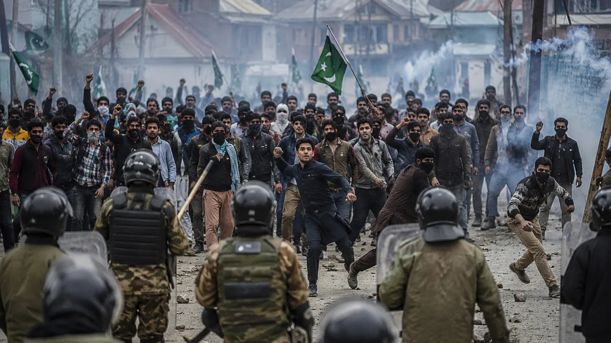 Protesters gathered on a road during unrest in Pakistan-Occupied Kashmir with security forces deployed nearby