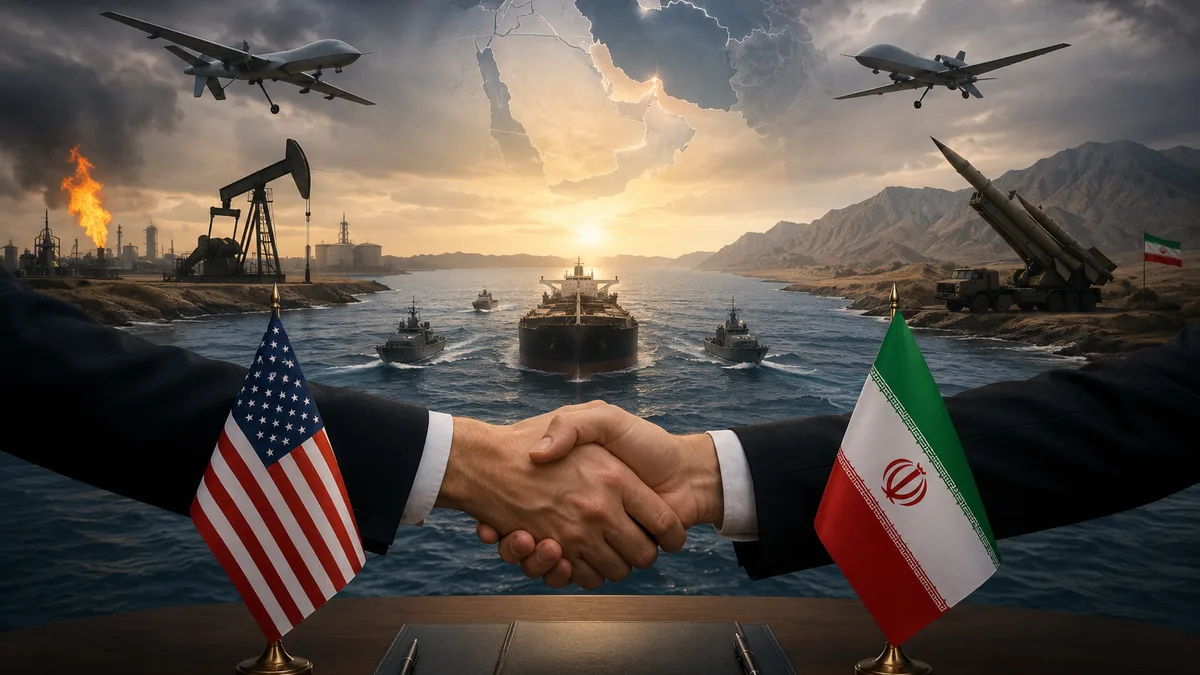 Diplomatic discussions between Iran and the United States with Strait of Hormuz and global security concept illustration