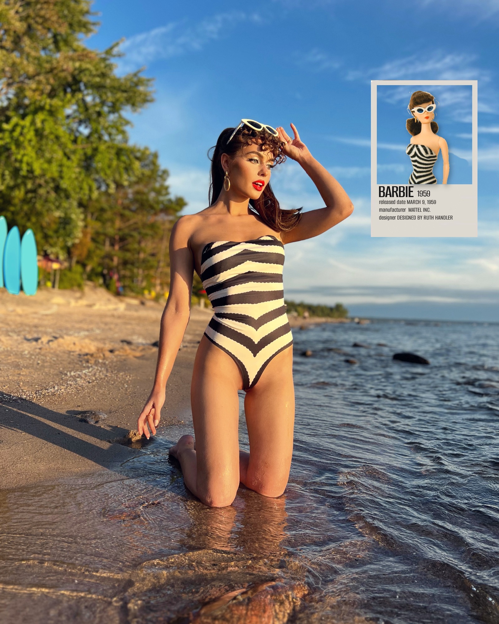Jackie Wyers as original 50s Barbie Black and White Chevron Bathing suit