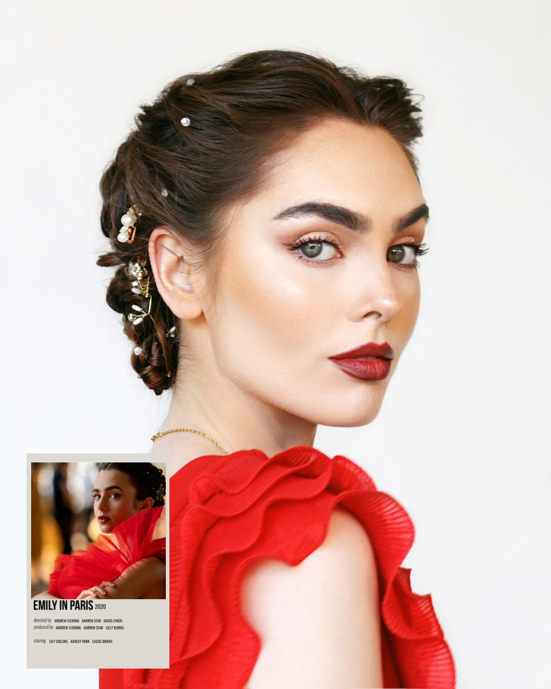 Emily in Paris fishtail updo with red tulle dress