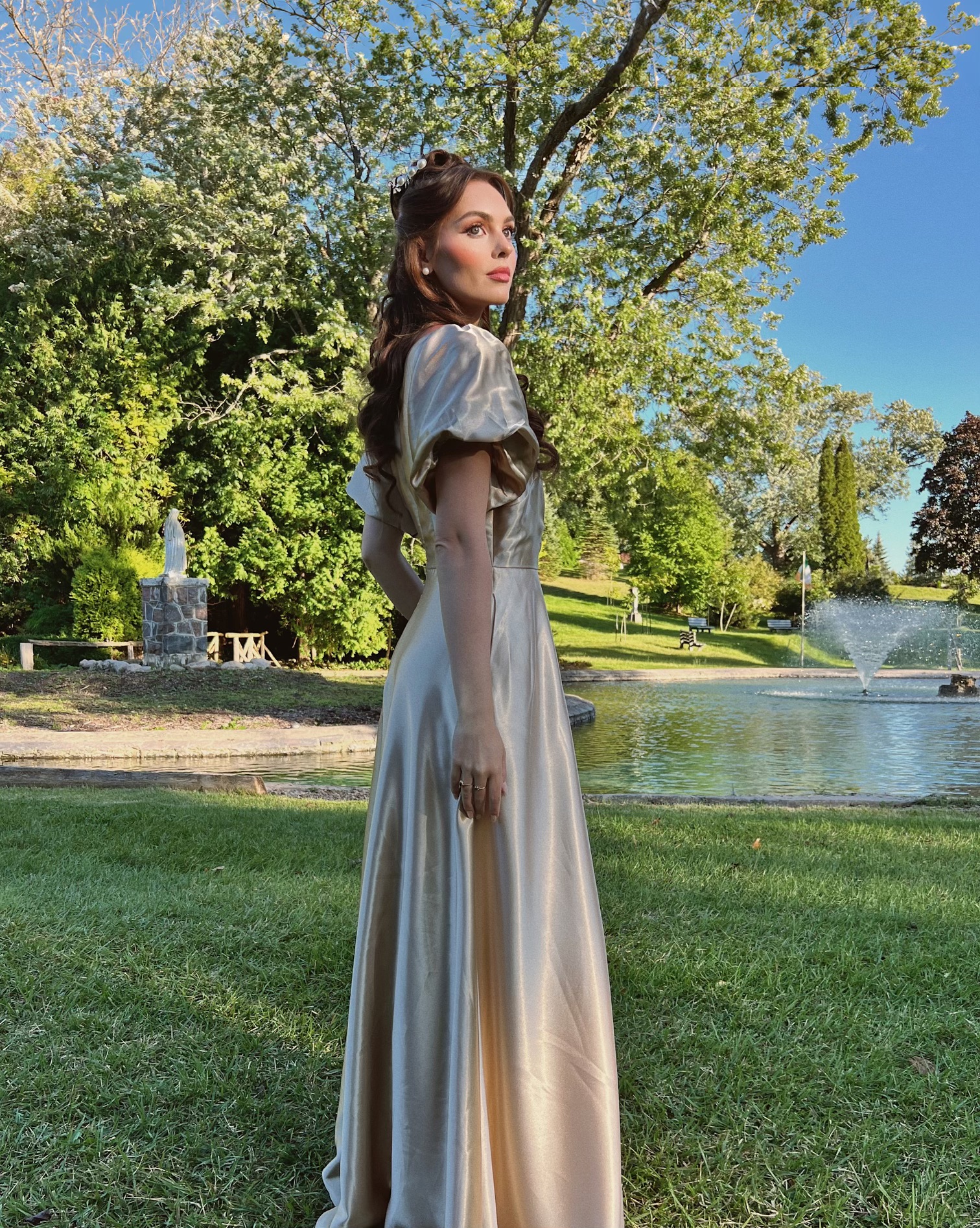 Jackie Wyers as Francesca Bridgerton Wearing Ivy City Co Tessie Dress in Champagne