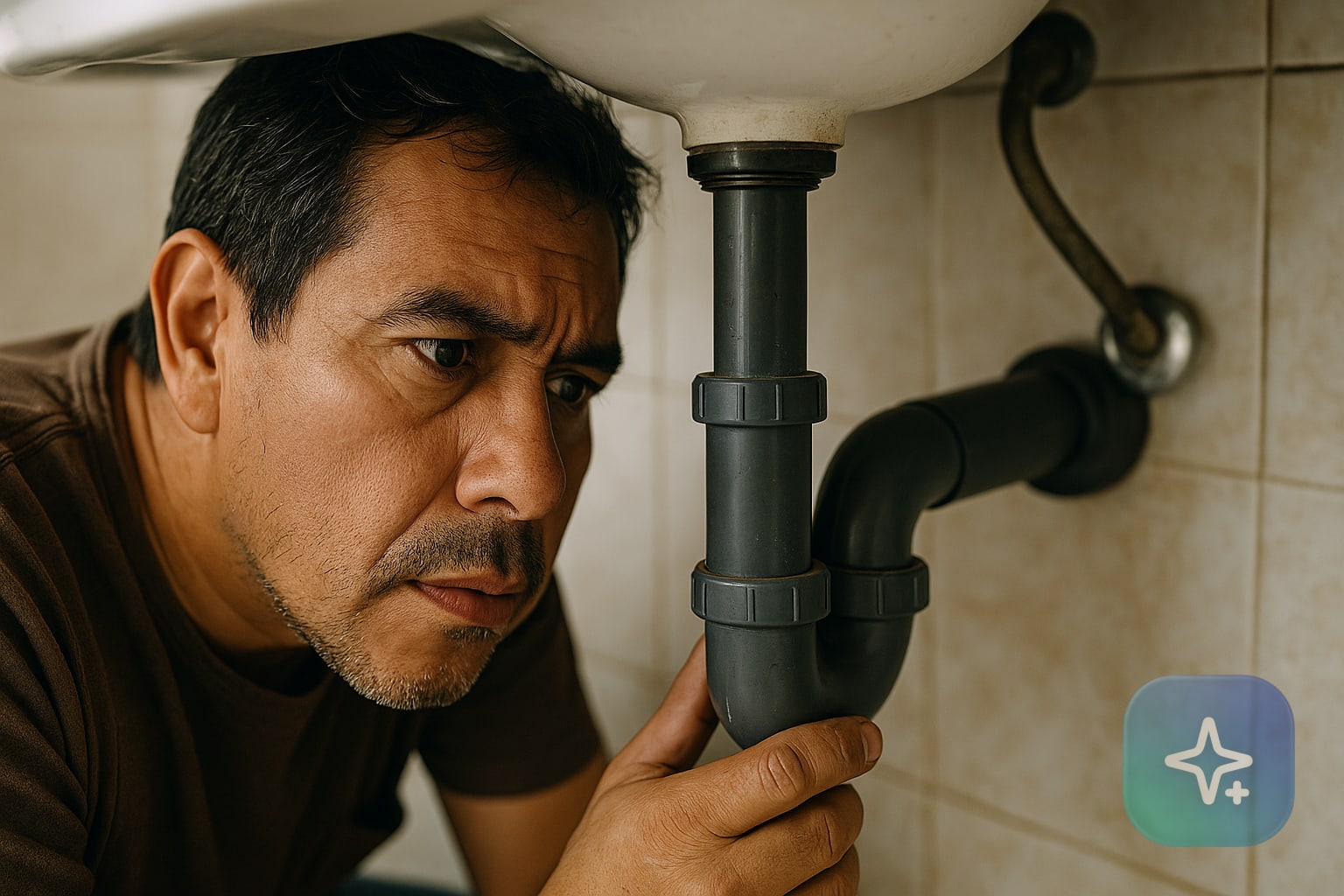 Persona observando una tubería bajo el lavamanos en casa