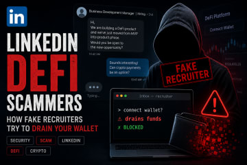 Terminal mockup of a DeFi recruiter scam being blocked