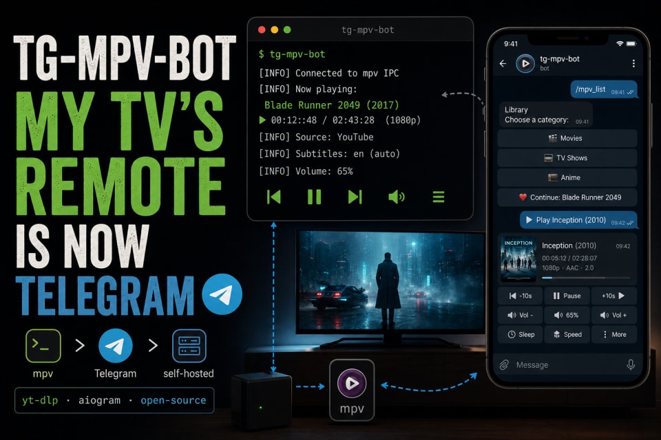 Terminal showing tg-mpv-bot playing media