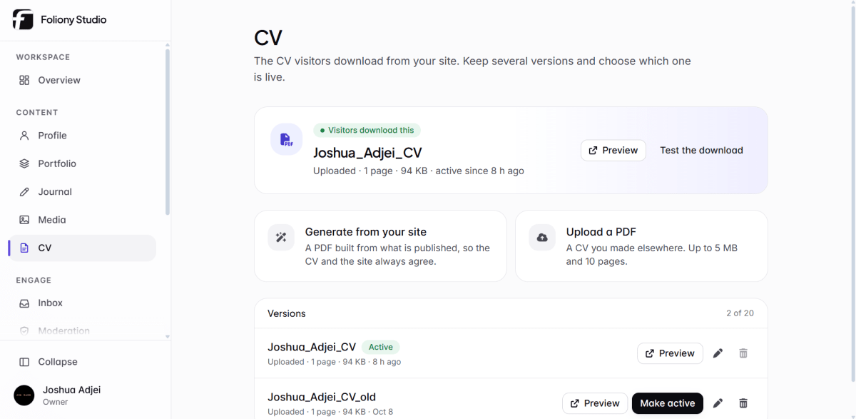 CV section of Foliony Studio