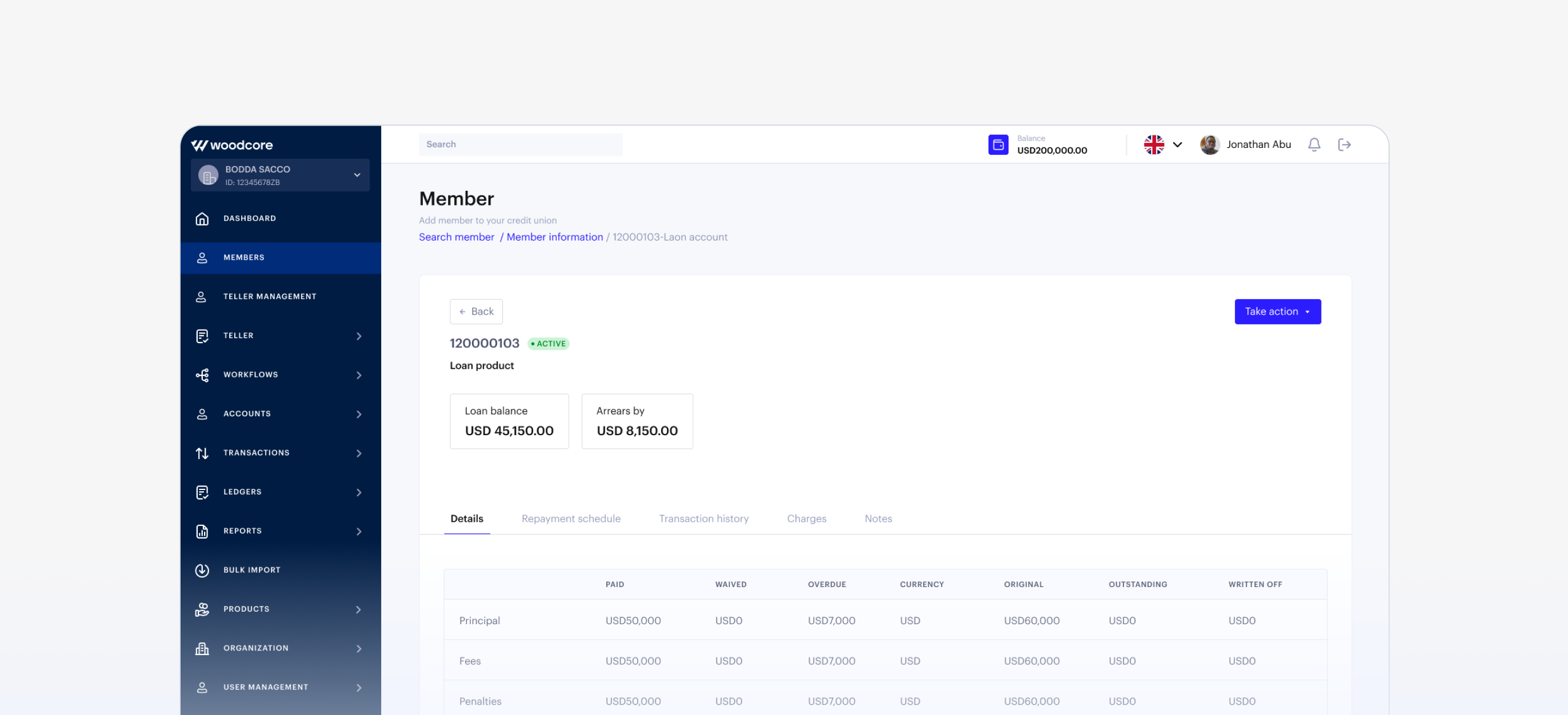 A screenshot of how the credit-union member management system works