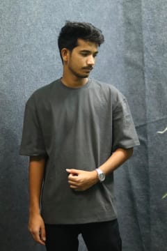 Solid Drop shoulder T-shirt  -Charcoal Gray thumbnail 1