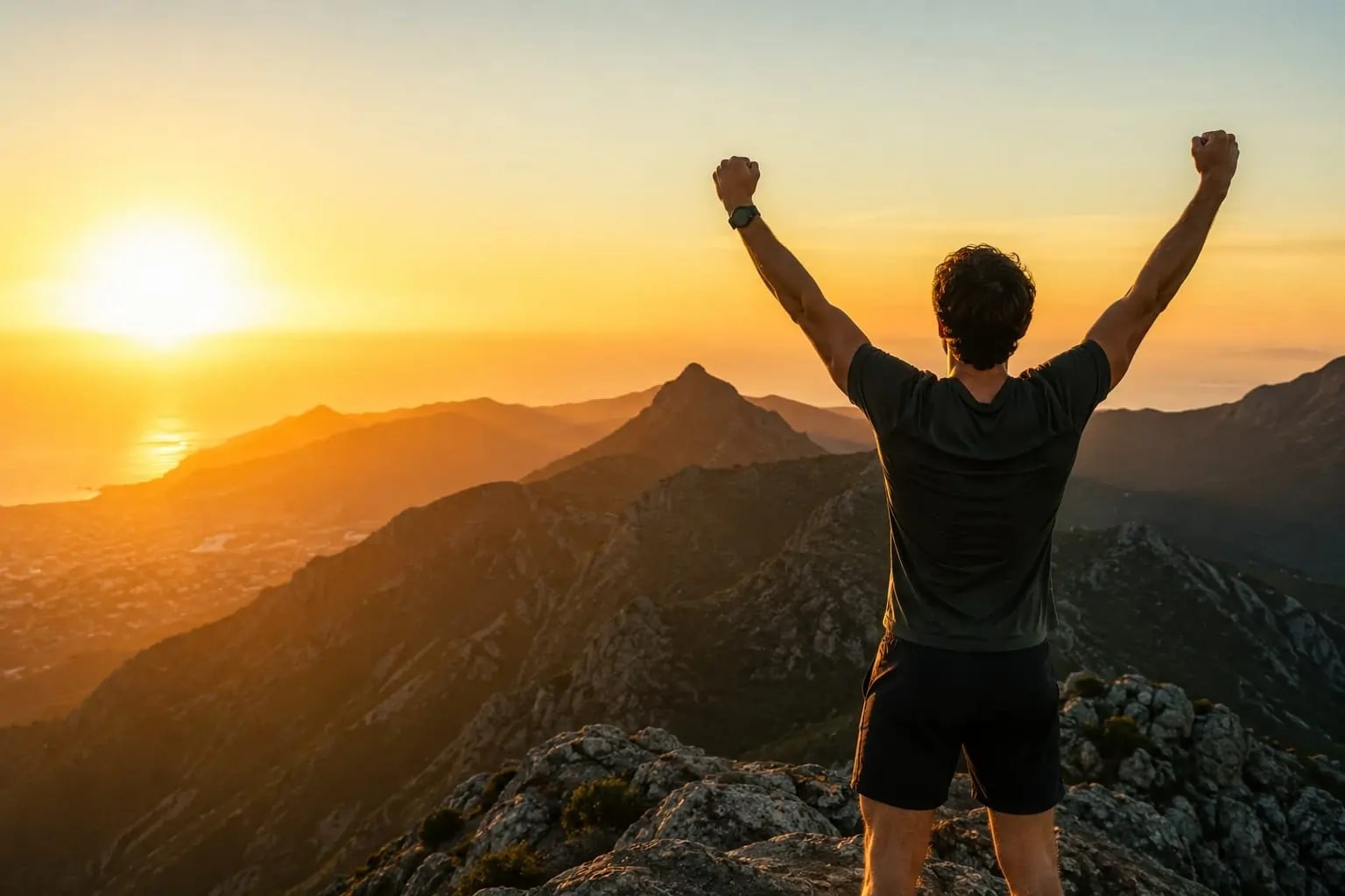 Successfully curing from cancer man standing on hill celebrating 