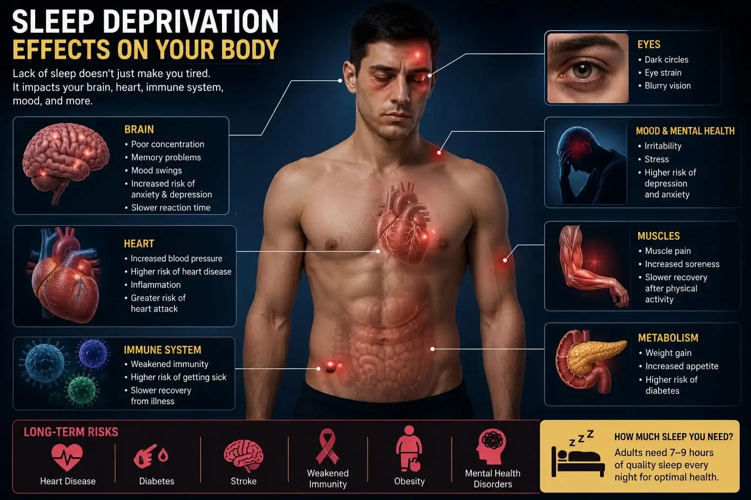 Diagram showing how sleep deprivation affects the heart, brain, and immune system