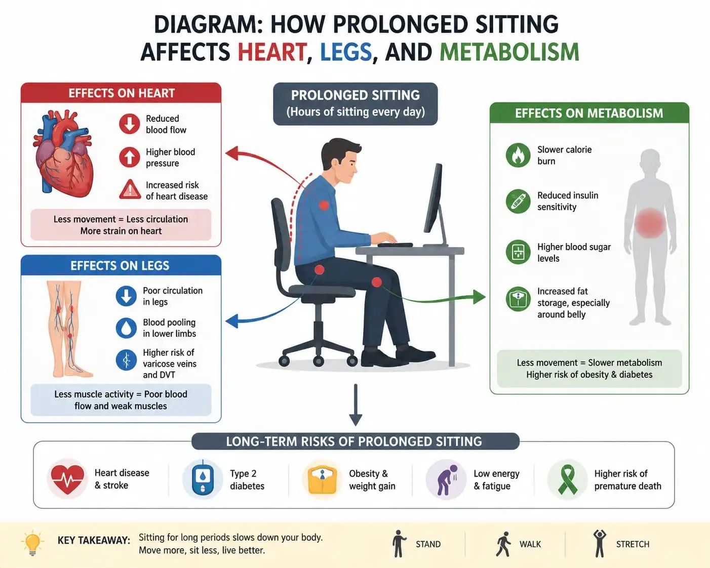 Diagram showing how prolonged sitting affects heart, legs, and metabolism