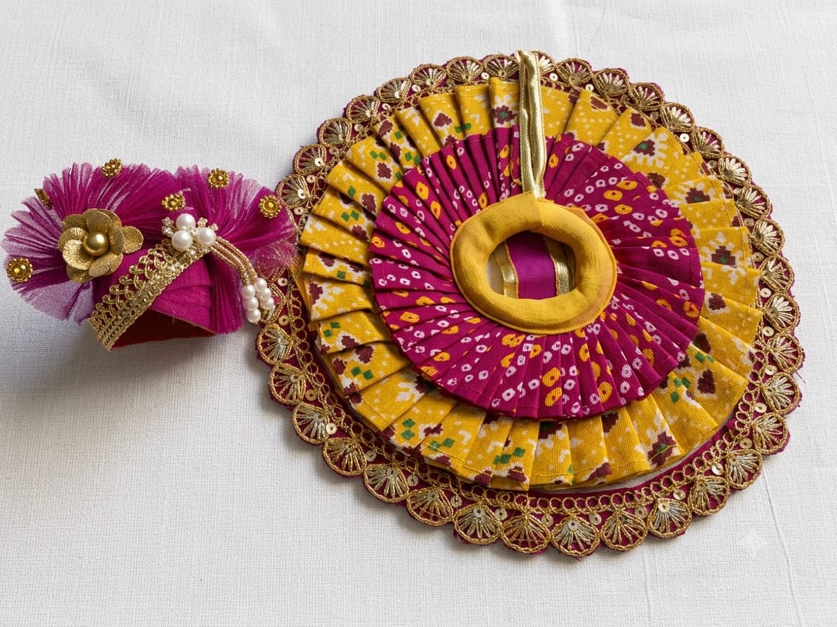 Premium Bandhani Print Laddu Gopal Poshak Set – Yellow & Magenta