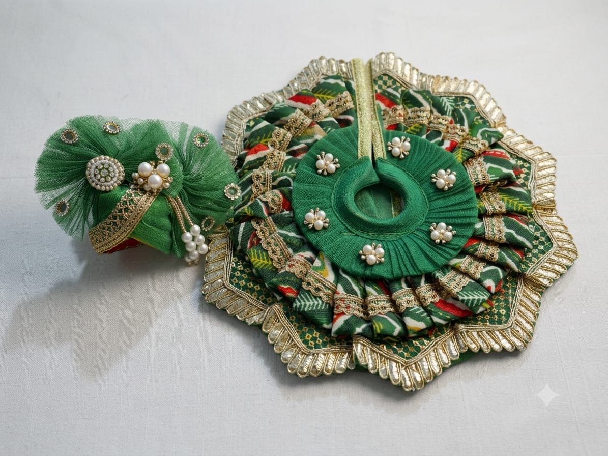 Festive Green Printed Laddu Gopal Poshak Set with Gota Borders & Matching Pagdi