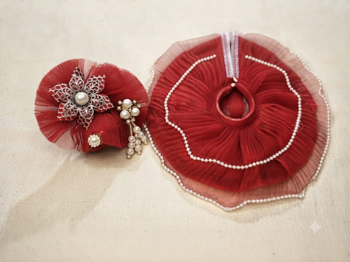 Red Pearl-Embellished Laddu Gopal Poshak