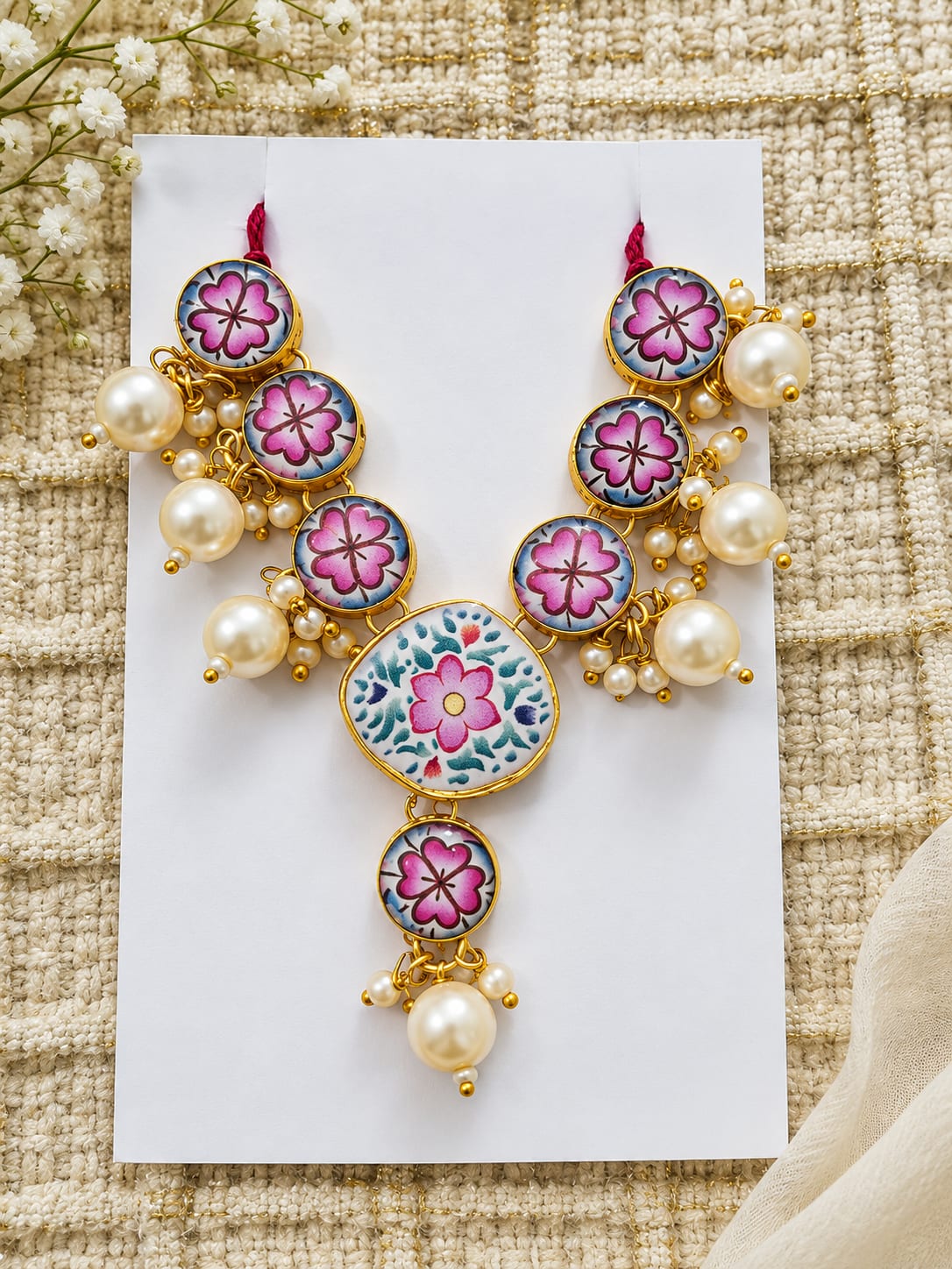 Pink Floral Pearl Necklace for Deities