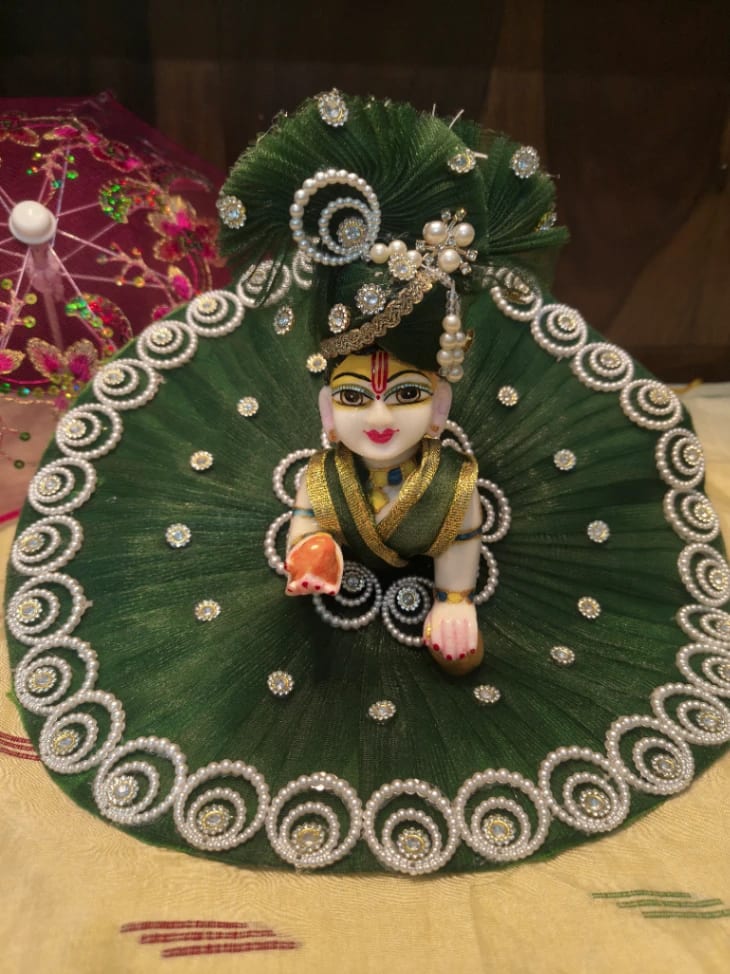 Premium Designer Pleated Net Laddu Gopal Poshak Set -Green