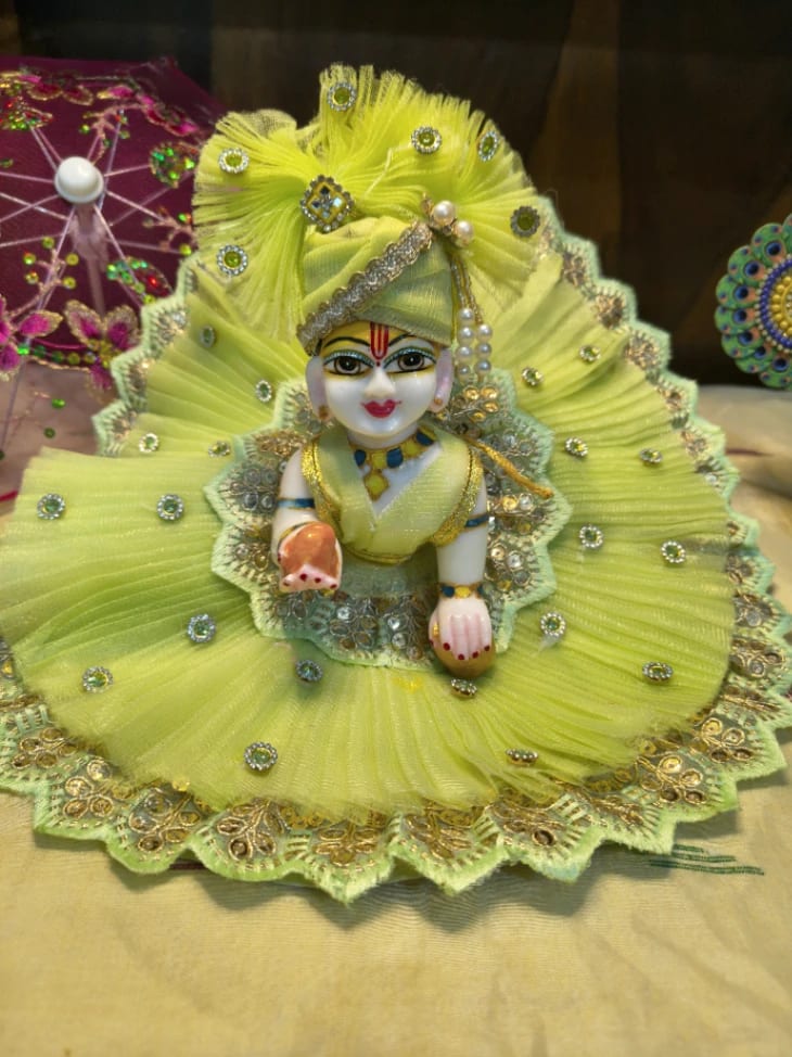 Premium Designer Pleated Net Laddu Gopal Poshak Set-Light Green
