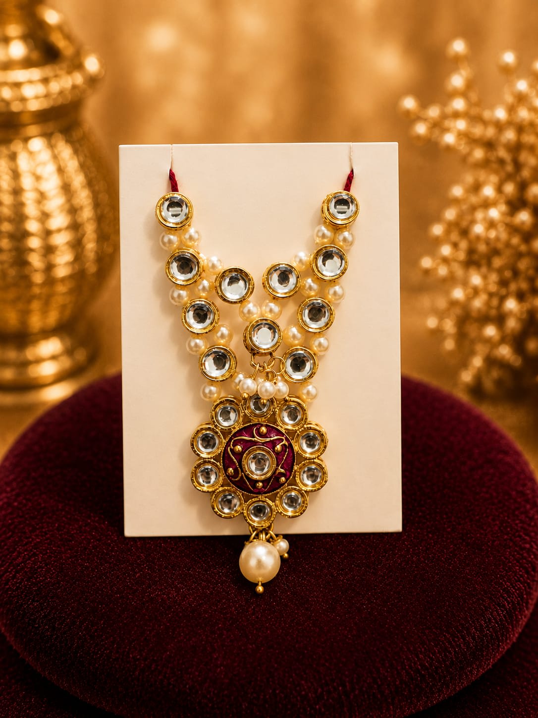 Pearl Kundan Mala   Maroon