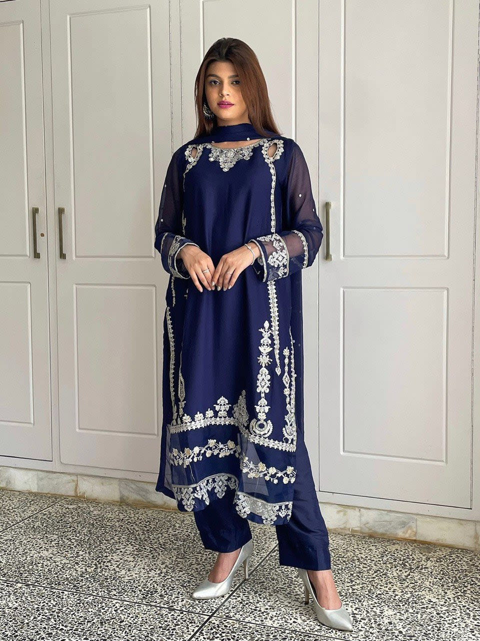 Elegant Embroidered Sequence Work Designer Three Piece Set - View 3