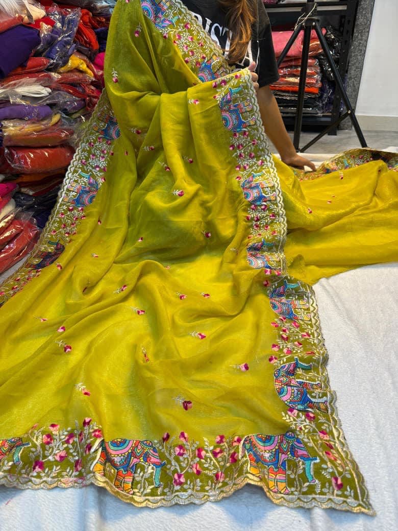 Pure Soft Crunchy Saree with Full Elephant Embroidery Work - View 6