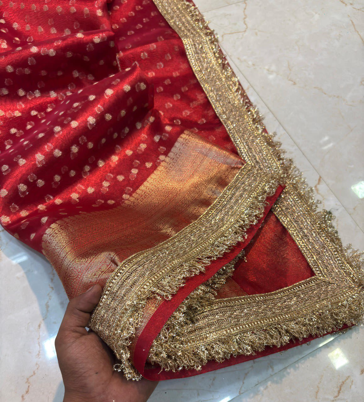 Banarasi Tissue Silk Saree with Handcrafted Designer Lace Border - View 7