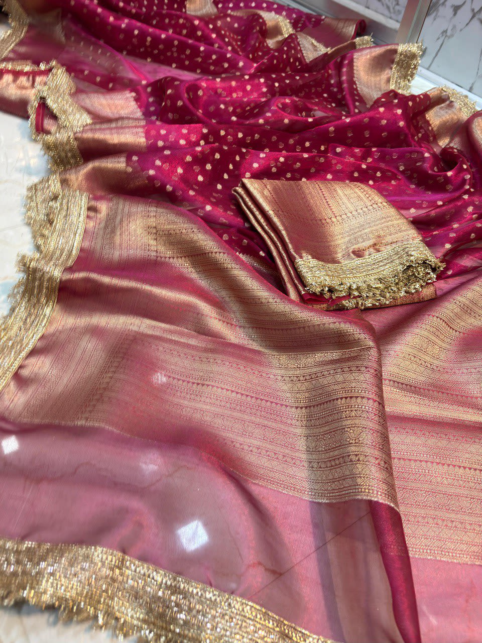 Banarasi Tissue Silk Saree with Handcrafted Designer Lace Border - View 8
