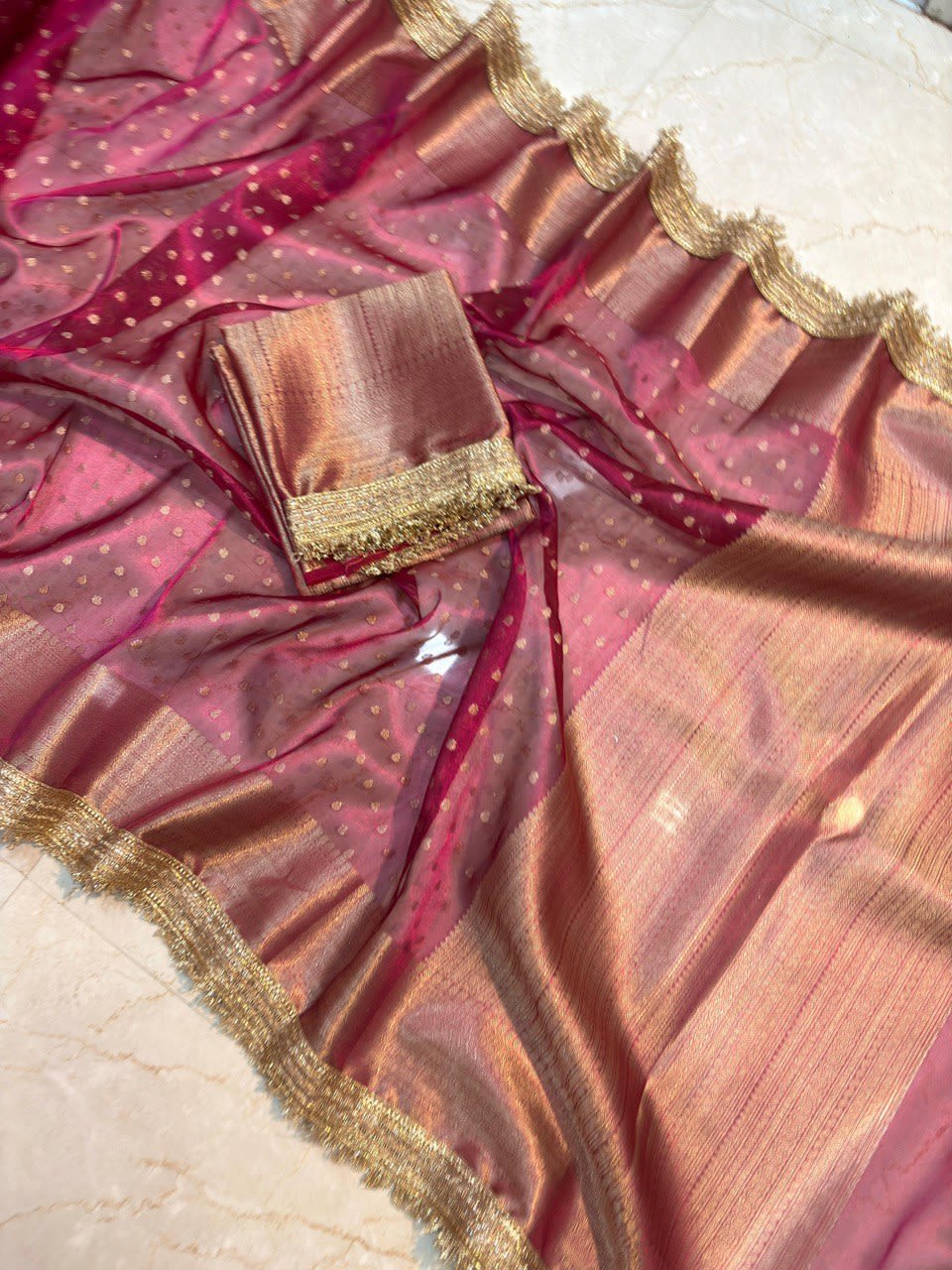 Banarasi Tissue Silk Saree with Handcrafted Designer Lace Border - View 9