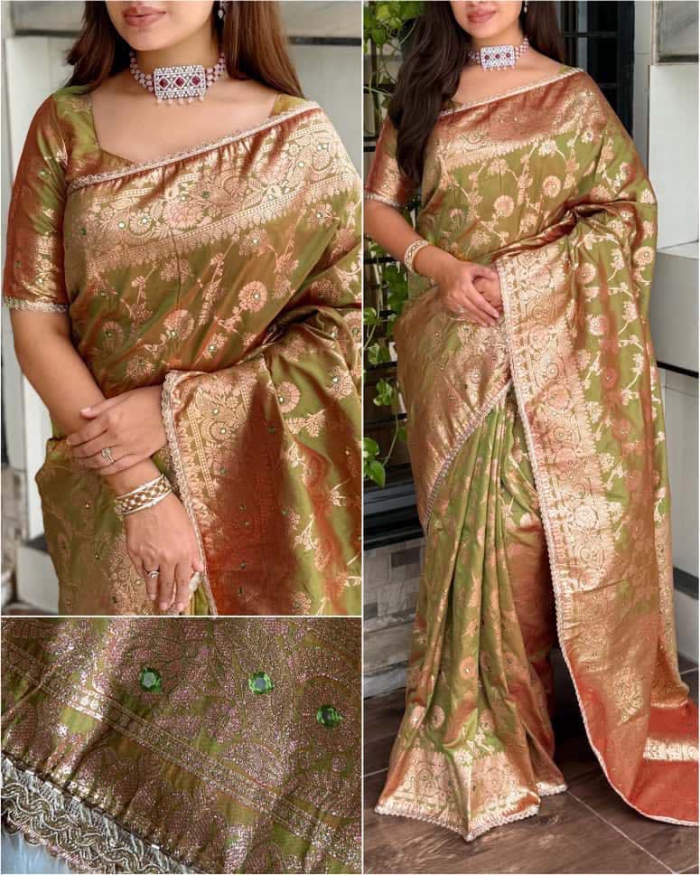 Luxurious Banarasi Zari Weave Saree with Mirror Highlights - View 3