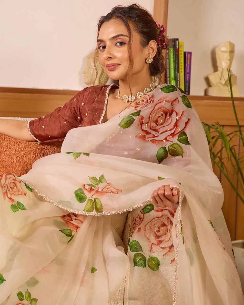 Pure Soft Tebby Silk Floral Saree with Heavy Khatli Moti Handwork - View 3