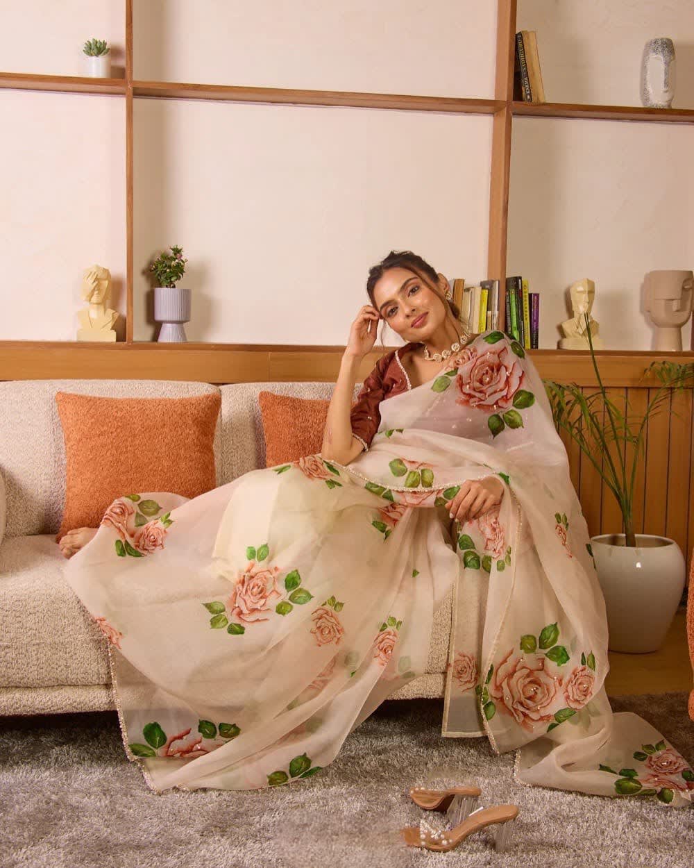 Pure Soft Tebby Silk Floral Saree with Heavy Khatli Moti Handwork - View 4