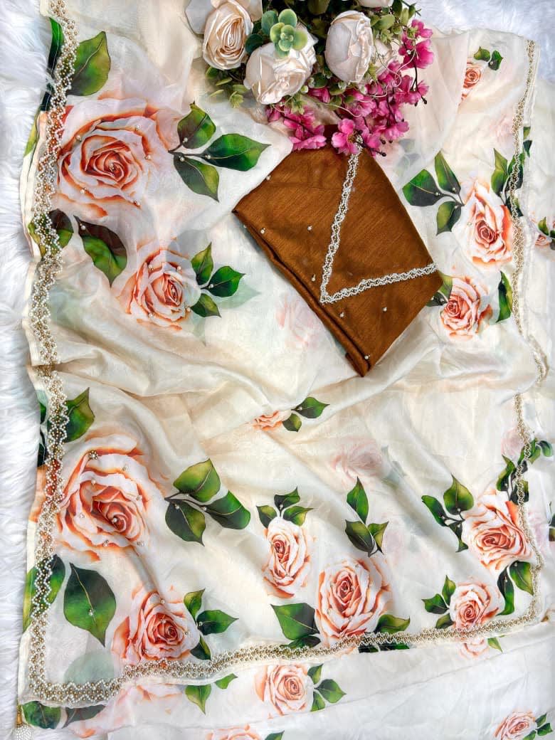 Pure Soft Tebby Silk Floral Saree with Heavy Khatli Moti Handwork - View 7