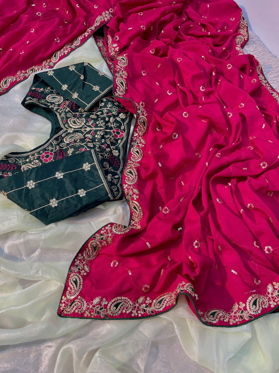 Premium Chinon Silk Saree With Heavy Sequins & Multicoding Work - View 2